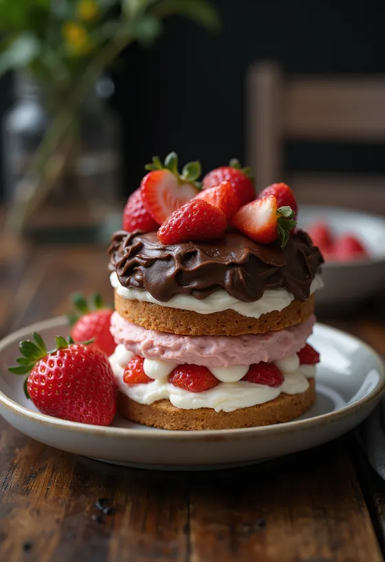 Pastel de requesón con chocolate y fresas decorado con fresas frescas y virutas de chocolate