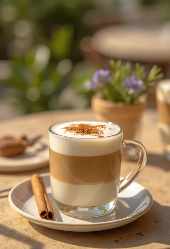 Latte de canela y menta bebida de café decorada con raja de canela y menta