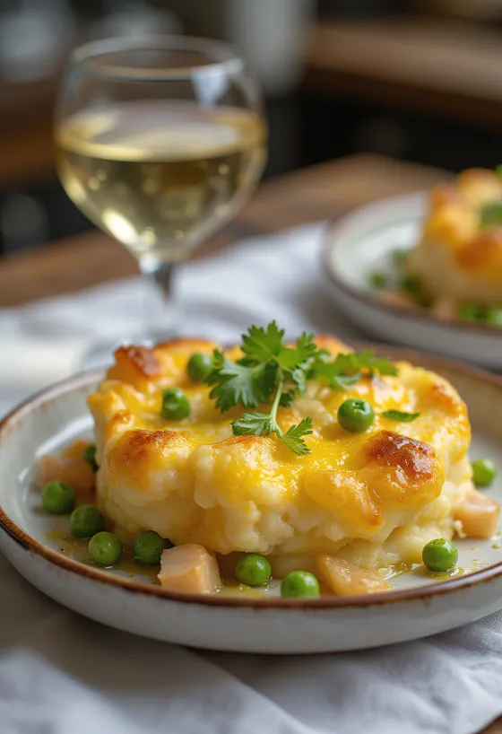 Pastel de pescado con queso ahumado, papas cremosas doradas y relleno de pescado