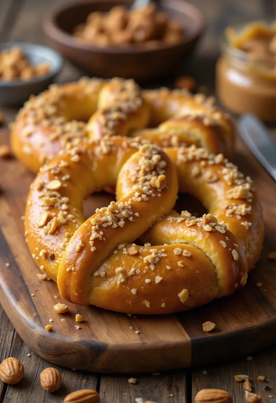 Pretzel de cacahuate dorado y crujiente sobre una servilleta