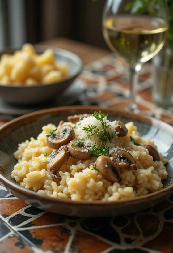 Risotto de hongos cremoso servido con hierbas frescas y queso parmesano