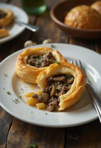 Karjalanpiirakka con relleno de champiñones, servido con perejil fresco
