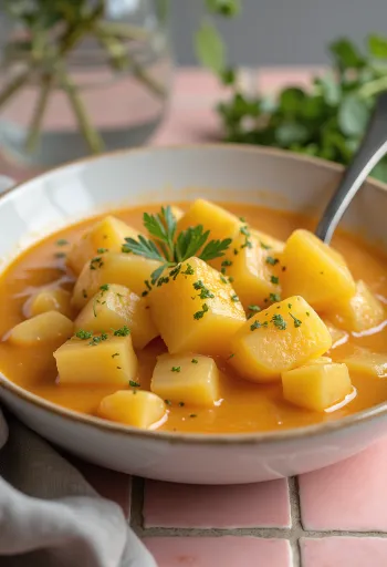 Clásico guiso de papas con espesante de crema y decorado con perejil fresco.