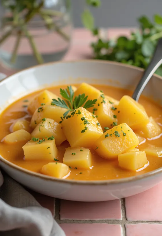 Clásico guiso de papas con espesante de crema y decorado con perejil fresco.
