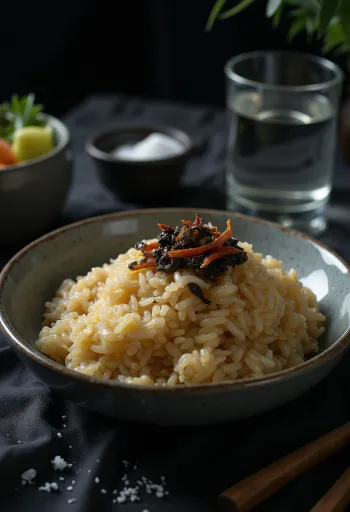 Panta bhat con shutki bharta en un tazón, decorado con cilantro y jugo de limón