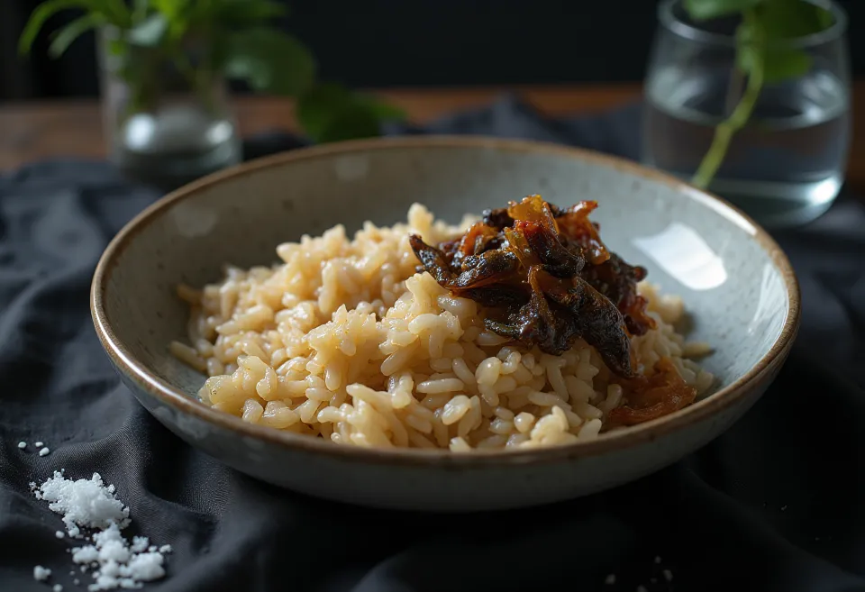 Panta bhat con shutki bharta en un tazón, decorado con cilantro y jugo de limón