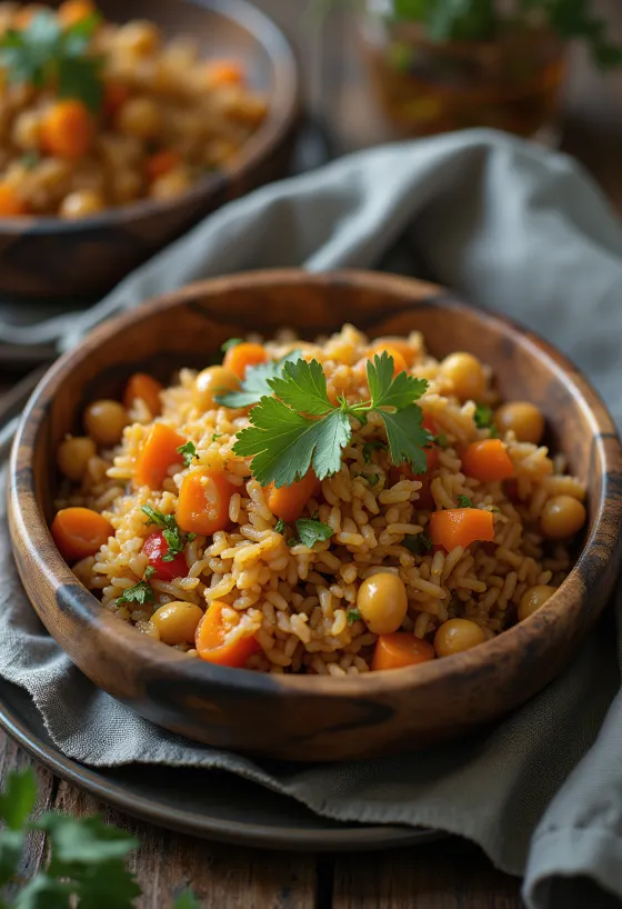 Pelau vegano, arroz colorido, servido con verduras y cilantro fresco