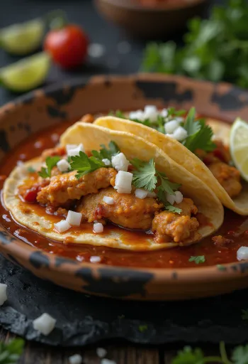 Tacos de Pollo con Salsa de Guajillo servidos