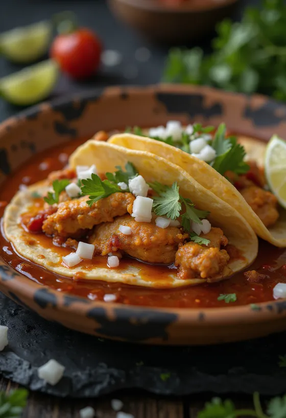 Tacos de Pollo con Salsa de Guajillo servidos