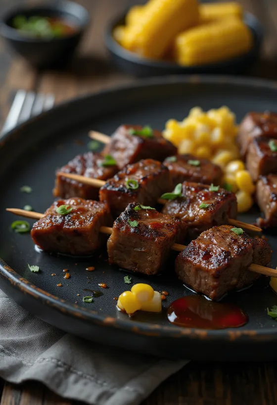 Anticuchos brochetas de corazón peruanas servidas