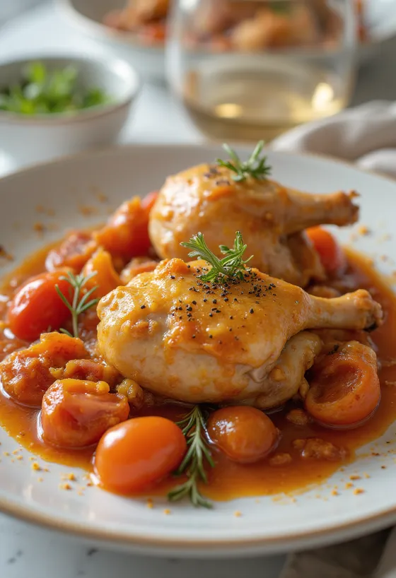 Pollo Cacciatore al vino blanco, muslos con rica salsa de jitomate