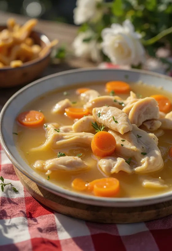 Caldo de pollo caliente con verduras y fideos finos