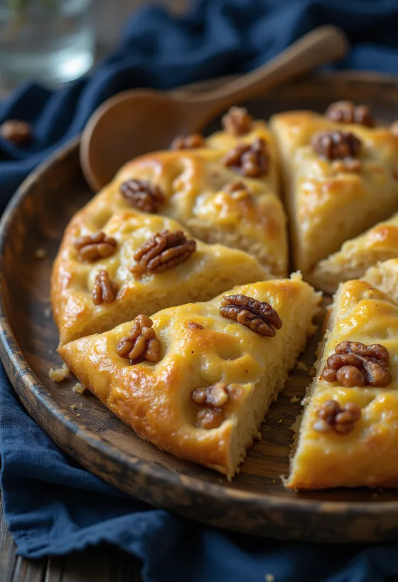 Focaccia de nuez y mazapán servida