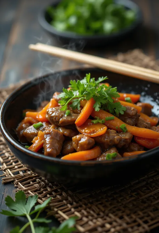 Res con jengibre al wok servida con verduras