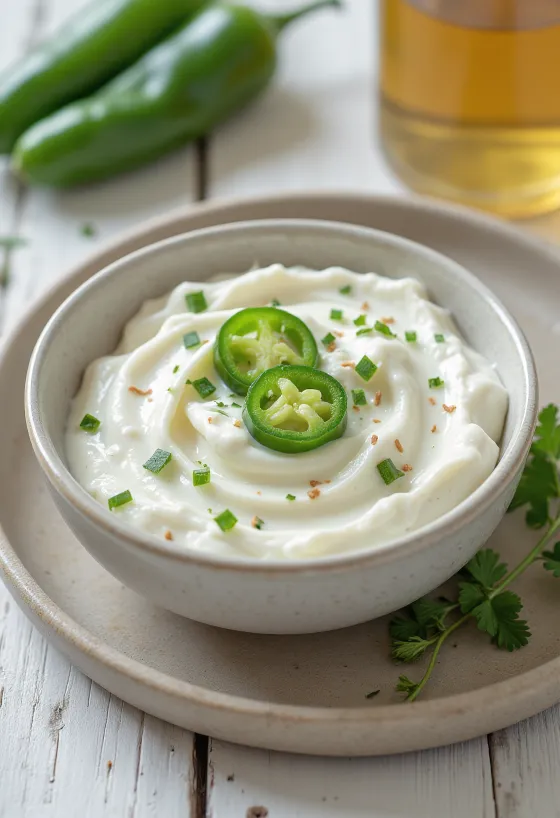 Salsa de crema con eneldo y jalapeño en salsera