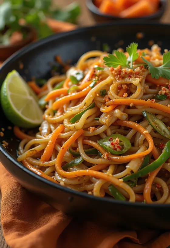 Mee goreng con verduras en un tazón, fideos asiáticos con salsa de soya y vegetales crujientes