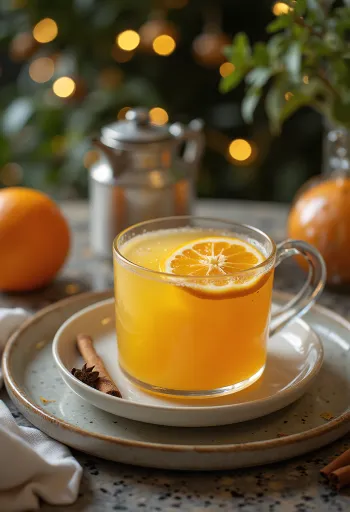 Ponche de naranja y flor de saúco bebida caliente decorada con rodajas de naranja y flor de saúco