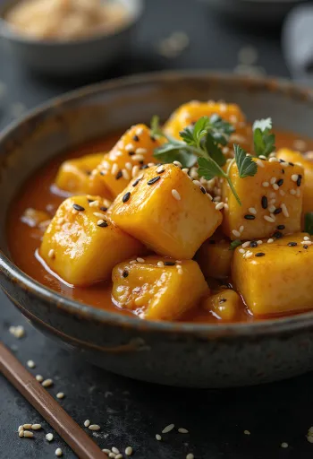 Estofado de berenjena con ajonjolí servido