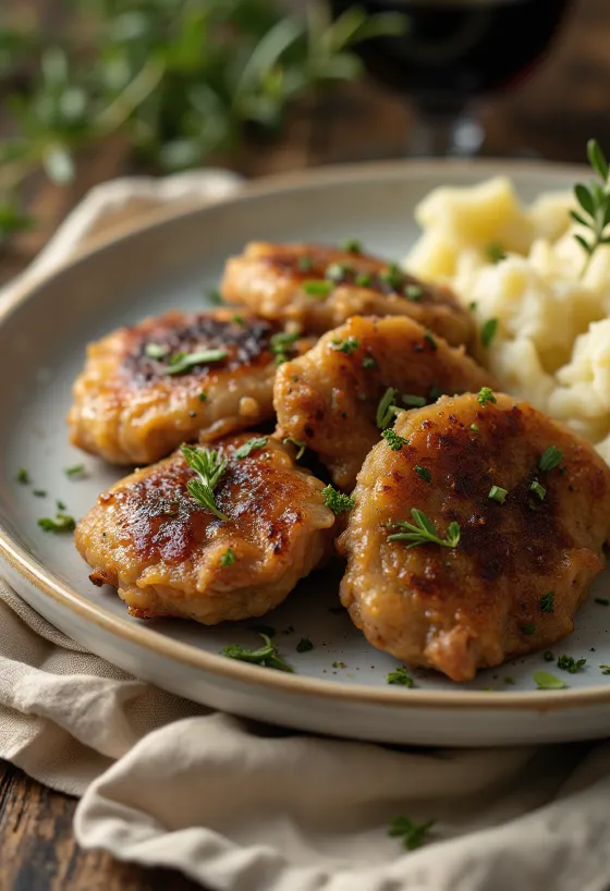 Hígados de pollo fritos crujientes, servidos con pan fresco y cebolla morada