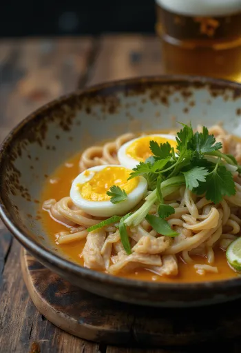 Laksa Tangerang, sopa a base de coco y tamarindo servida con pollo, fideos y verduras frescas.