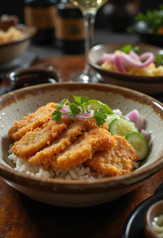 Tazón de Tonkatsu con pepino y semillas de sésamo, decorado con cilantro fresco
