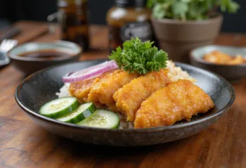 Tazón de Tonkatsu con pepino y semillas de sésamo, decorado con cilantro fresco