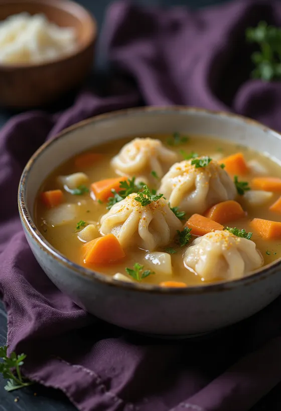 Sopa caliente con verduras y bolitas de sémola suaves, servida en plato hondo.