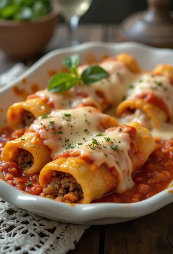 Cannelloni de carne servido con salsa de tomate y queso derretido
