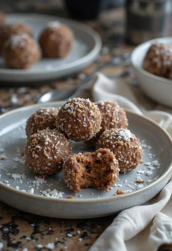 Bolitas de coco en un plato, revolcadas en coco rallado
