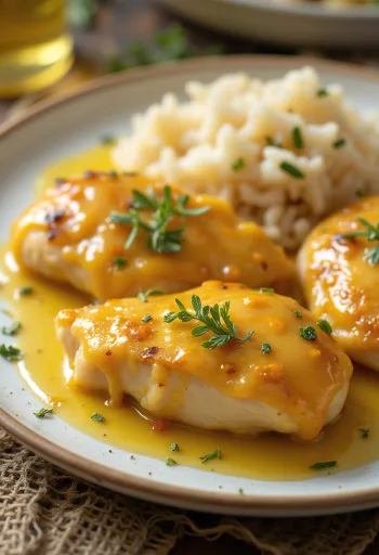 Jugosa pechuga de pollo a la miel y mostaza asada hasta quedar crujiente, servida con verduras frescas.