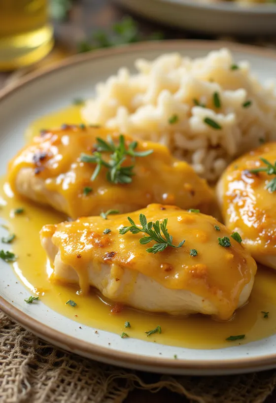 Jugosa pechuga de pollo a la miel y mostaza asada hasta quedar crujiente, servida con verduras frescas.