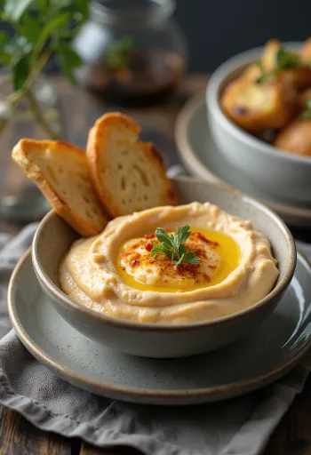 Crema de berenjena con pimiento asado servida