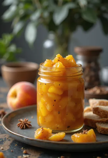 Chutney de durazno en frasco, salsa especiada de color naranja intenso