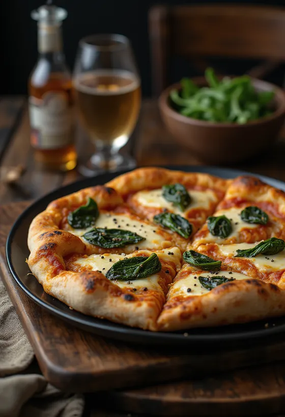 Pizza estilo tibetano servida con queso de yak y espinaca fresca
