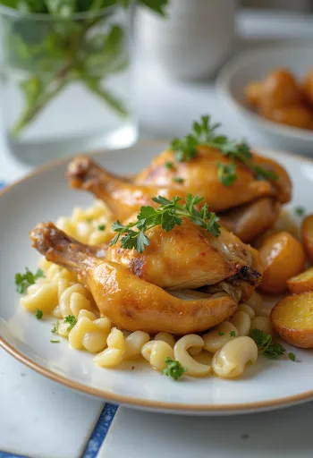 Codorniz asada con hierbas, piel crujiente y adornada con limón