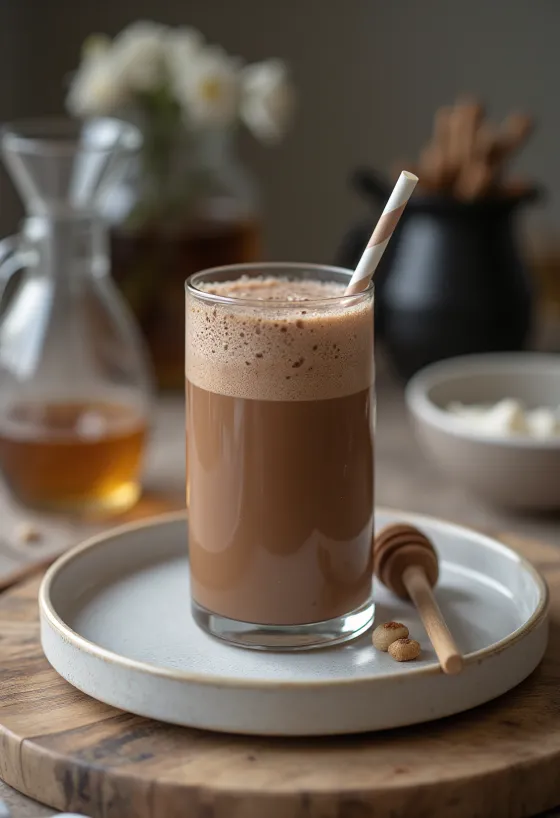 Malteada de chocolate servida en vaso