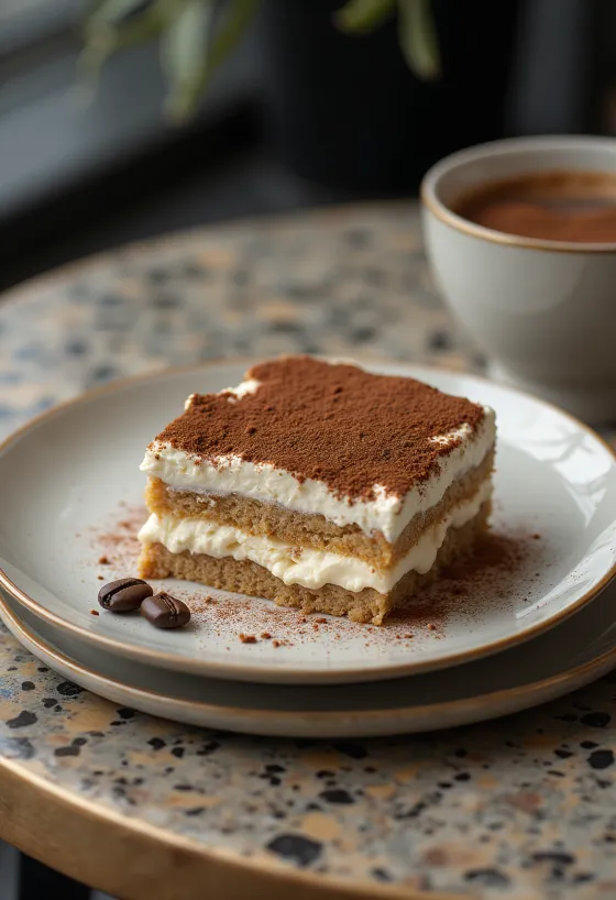 Pastel tiramisú sin azúcar en presentación elegante