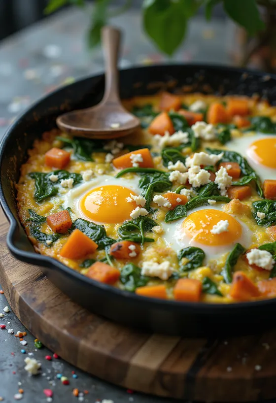 Frittata con camote y espinacas, servida fresca