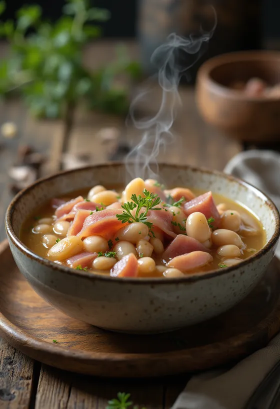 Jamón ahumado con frijoles servido con perejil fresco