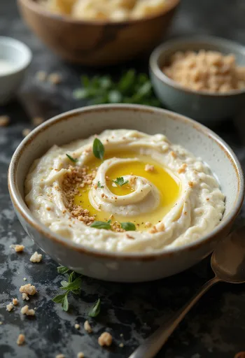 Crema de berenjena con aderezo de tahini servida