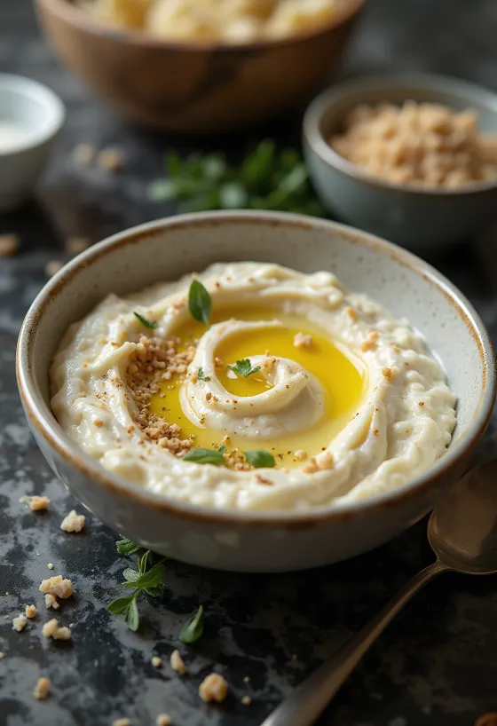 Crema de berenjena con aderezo de tahini servida