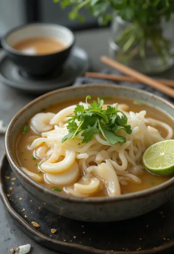Pho de ajo servido en tazón, sopa de fideos de arroz al ajo, cilantro fresco y rodajas de limón