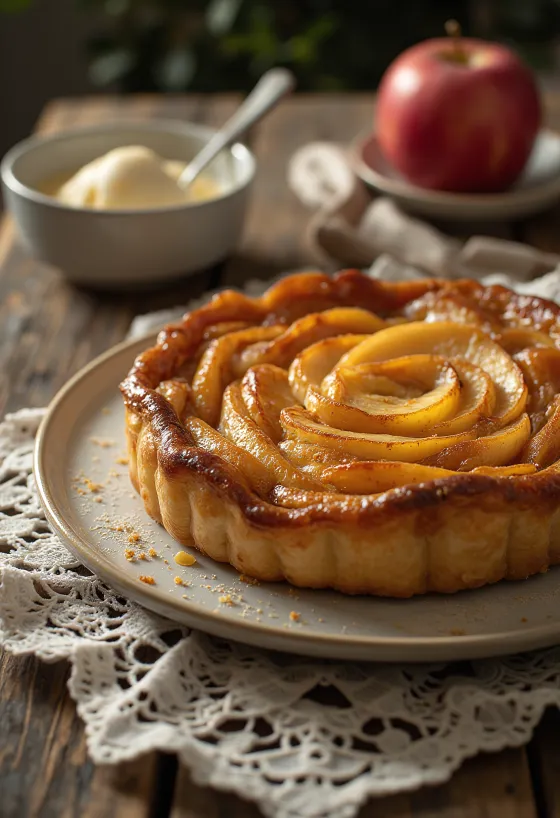 Tarte Tatin con caramelo, manzanas asadas frescas, azúcar caramelizada y hojaldre crujiente