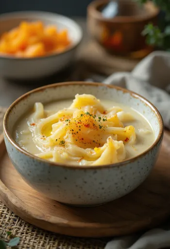Guisado cremoso de calabaza con eneldo y crema, servido con pan crujiente.
