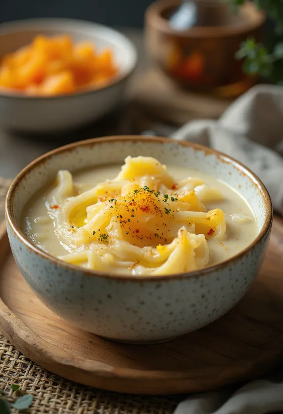 Guisado cremoso de calabaza con eneldo y crema, servido con pan crujiente.