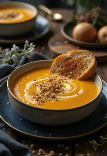 Cremosa sopa de calabaza servida con semillas de calabaza tostadas y perejil fresco