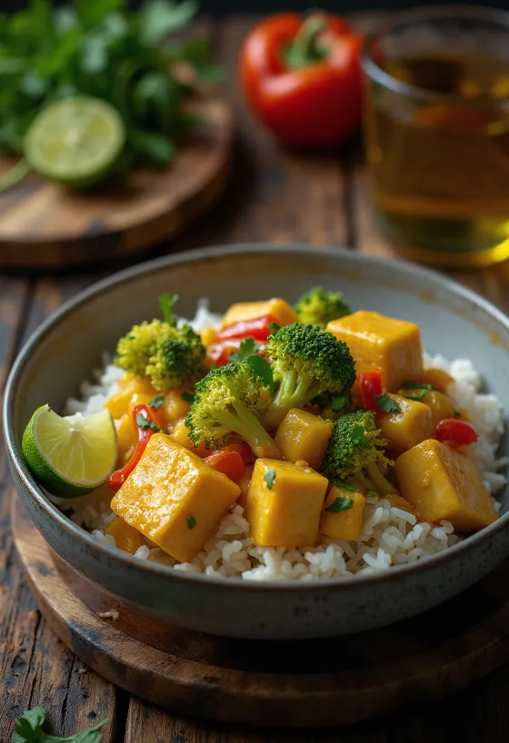 Curry de verduras con tofu y arroz