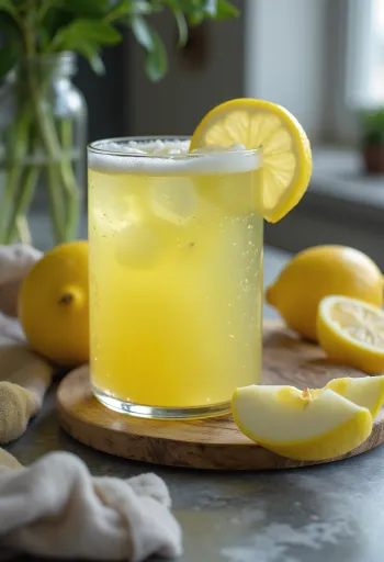 Jugo de manzana y limón en vaso alto, decorado con rodajas de manzana fresca y limón