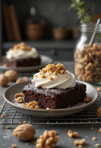 Pastel de nuez y chocolate decorado con nueces tostadas