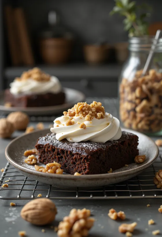 Pastel de nuez y chocolate decorado con nueces tostadas